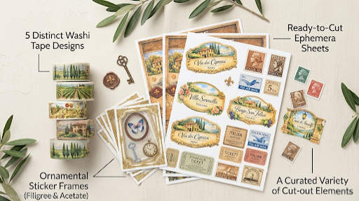Collection of decorative washi tape, sticker sheets, and cut-out elements on a light background with greenery.