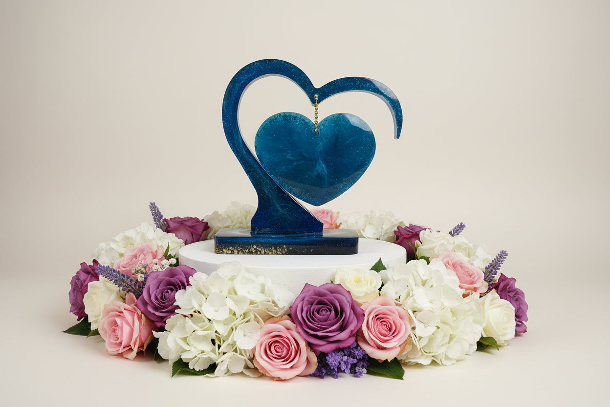 Blue heart-shaped object on a table with a pink rose and blurred background