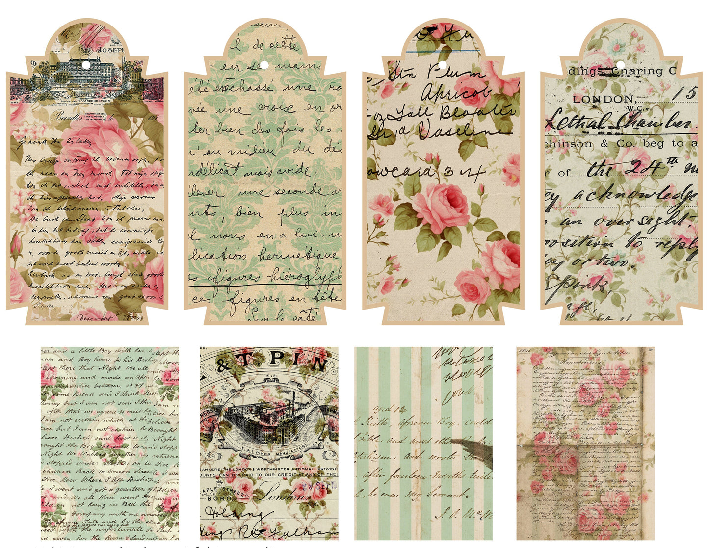 Collection of vintage-style tags with floral and script designs.