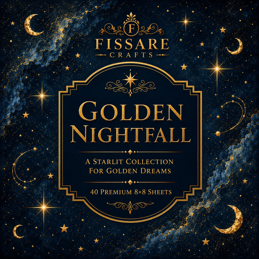 Fissare Crafts Golden Nightfall starlit collection cover, featuring a dark navy blue celestial background with gold stars, crescent moons, and glittering cosmic clouds, with ornate gold text in the center.