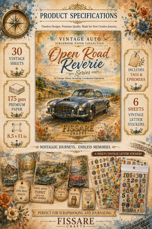 Product specifications sheet for the Fissare Crafte Vintage Auto Open Road Reverie Series scrapbooking paper collection, featuring a vintage car illustration, product details like 30 vintage sheets and 175 gsm premium paper, and sample sheets of letter stickers and numbers.