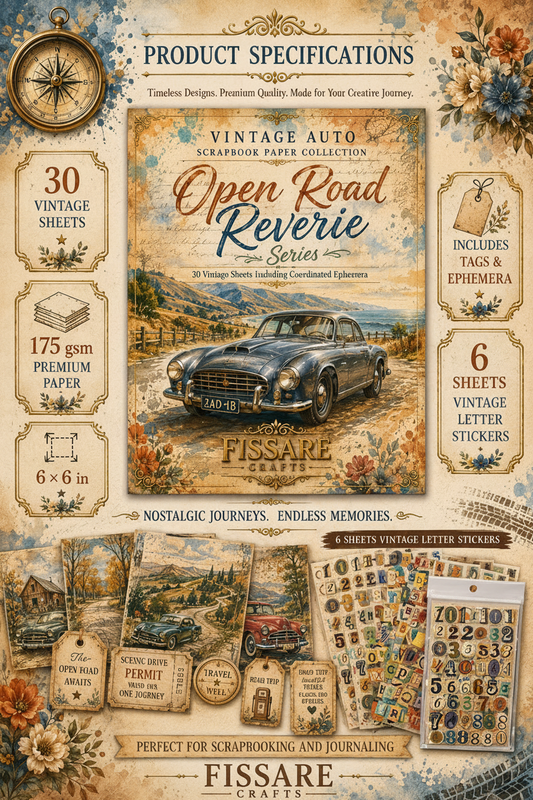 Product specifications sheet for the Fissare Crafte Vintage Auto Open Road Reverie Series scrapbooking paper collection, featuring a vintage car illustration, product details like 30 vintage sheets and 175 gsm premium paper, and sample sheets of letter stickers and numbers.