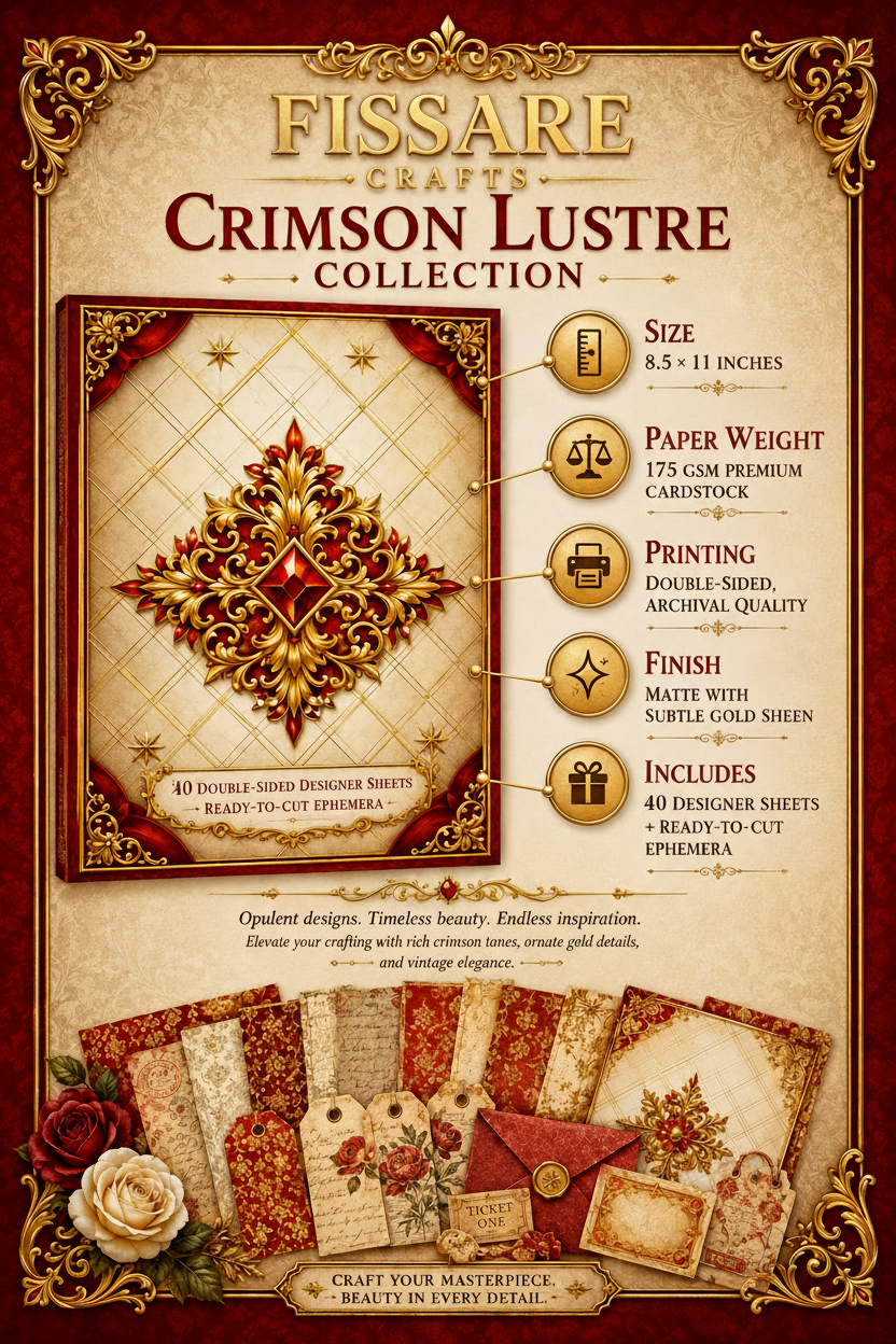 Crimson Lustre luxury scrapbook paper Specification sheet with gold frame, 20 double‑sided sheets and ephemera in red, gold and cream tones”