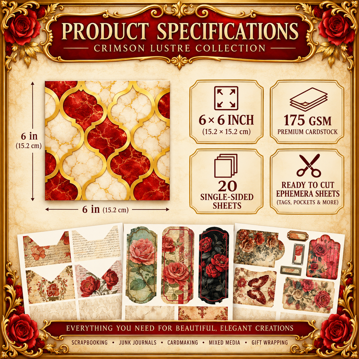 Product specifications graphic for the Crimson Lustre Collection ephemera sheets, showing a 6x6 inch red and cream marble patterned sheet, dimensions, GSM weight, number of single-sided sheets, and usage examples for scrapbooking, cardmaking, mixed media, and gift wrapping.