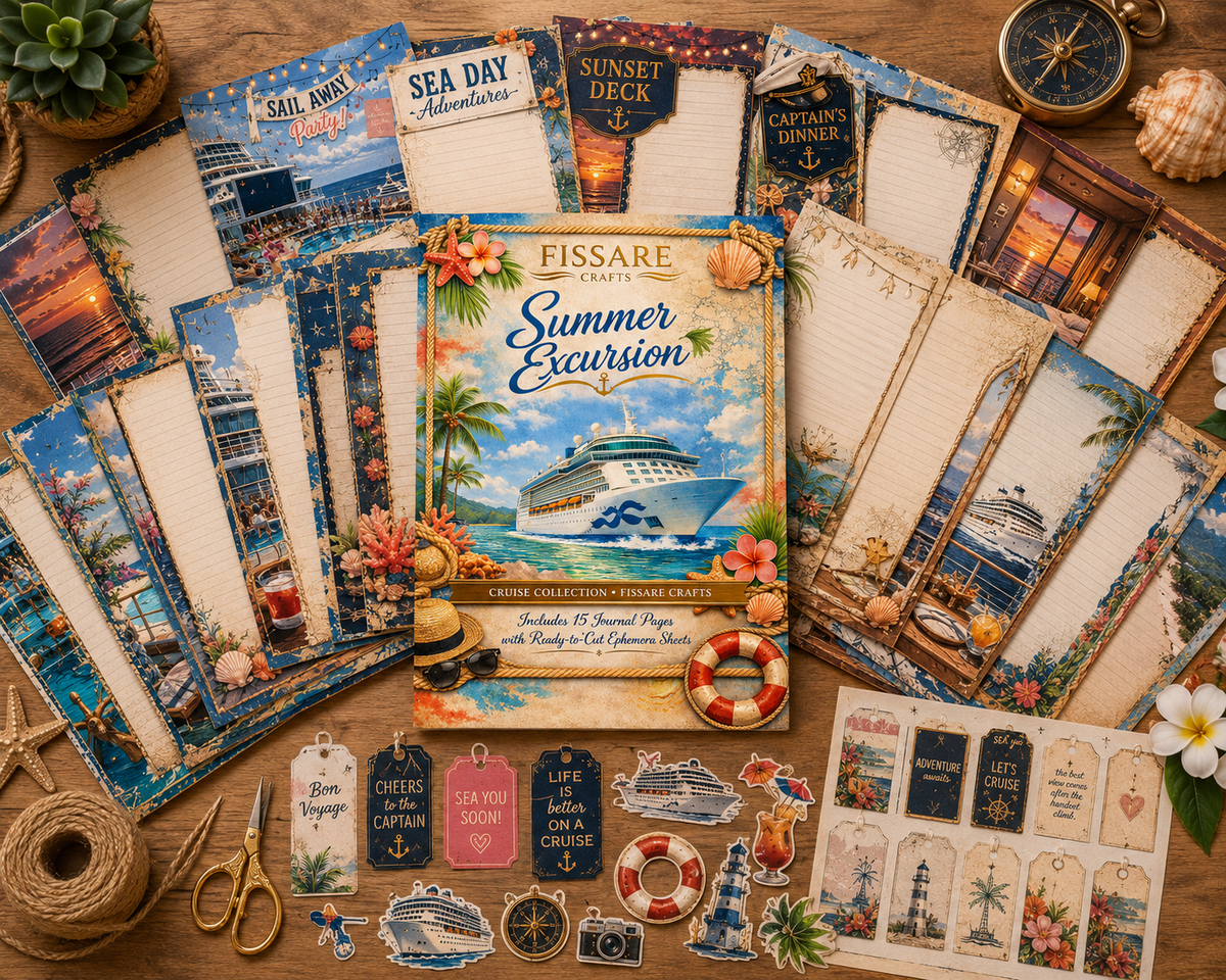 A styled flat-lay of a craft scrapbook paper set titled 'Fissare Craft Summer Excursion' on a wooden tabletop, surrounded by matching nautical-themed paper sheets, stickers, and decorative props.