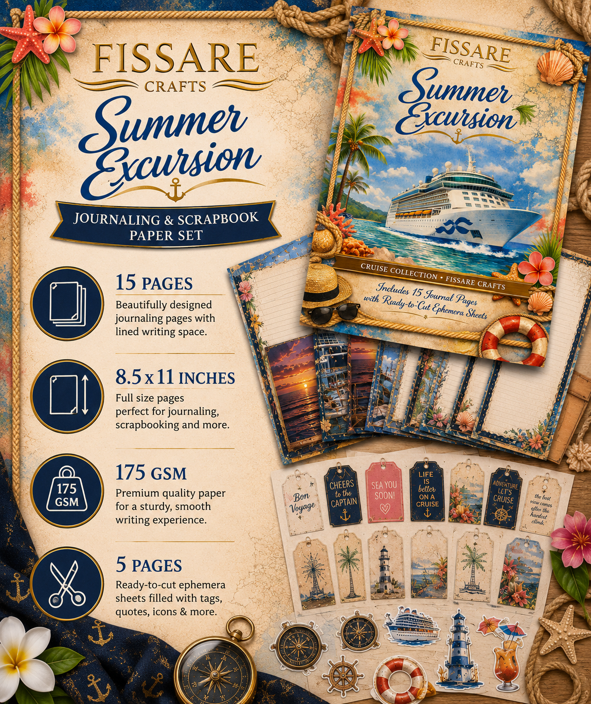 Summer Excursion Cruise Journaling & Scrapbook Paper Set – 20-Piece Nautical Craft Collection