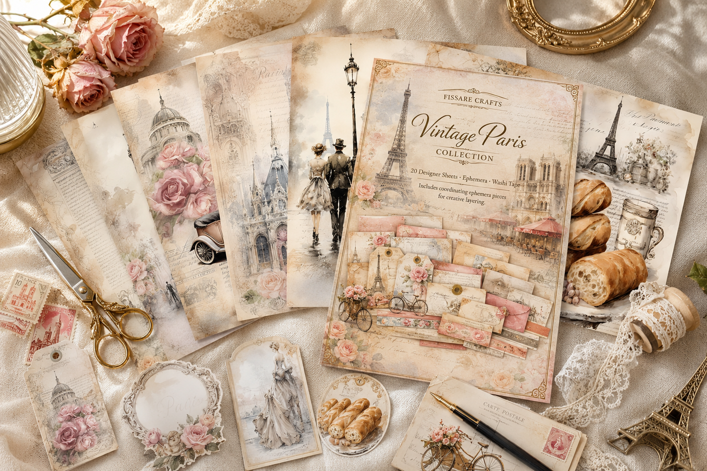 Tour of Europe Scrapbook Bundle – Daydreams of Tuscany + Vintage Paris (45 Premium 8.5×11 Pages + Coordinated Ephemera, Physical Pack)