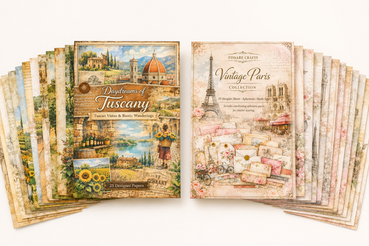 Two scrapbooking paper collections titled 'Daydreams of Tuscany' and 'Vintage Paris' on a white background.