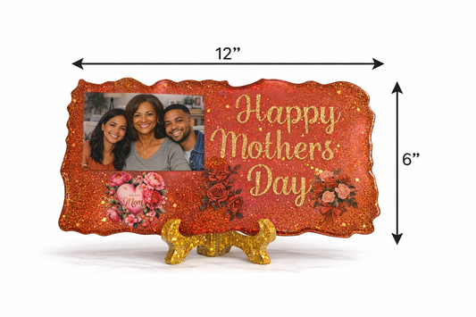 12x6 inch epoxy resin plaque displayed on gold stand