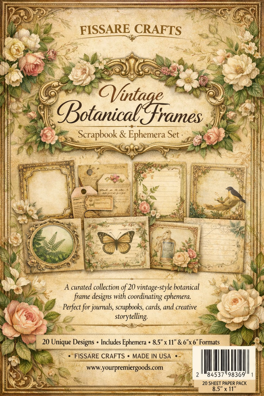 Fissare Crafts Vintage Botanical Frames scrapbook & ephemera set packaging with floral and frame designs.