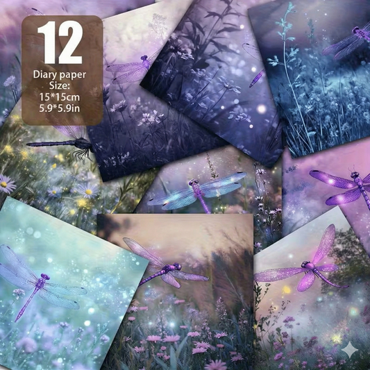 Vintage Dragonfly & Botanical 6x6 Scrapbook Paper - Purple & Blue Floral Design