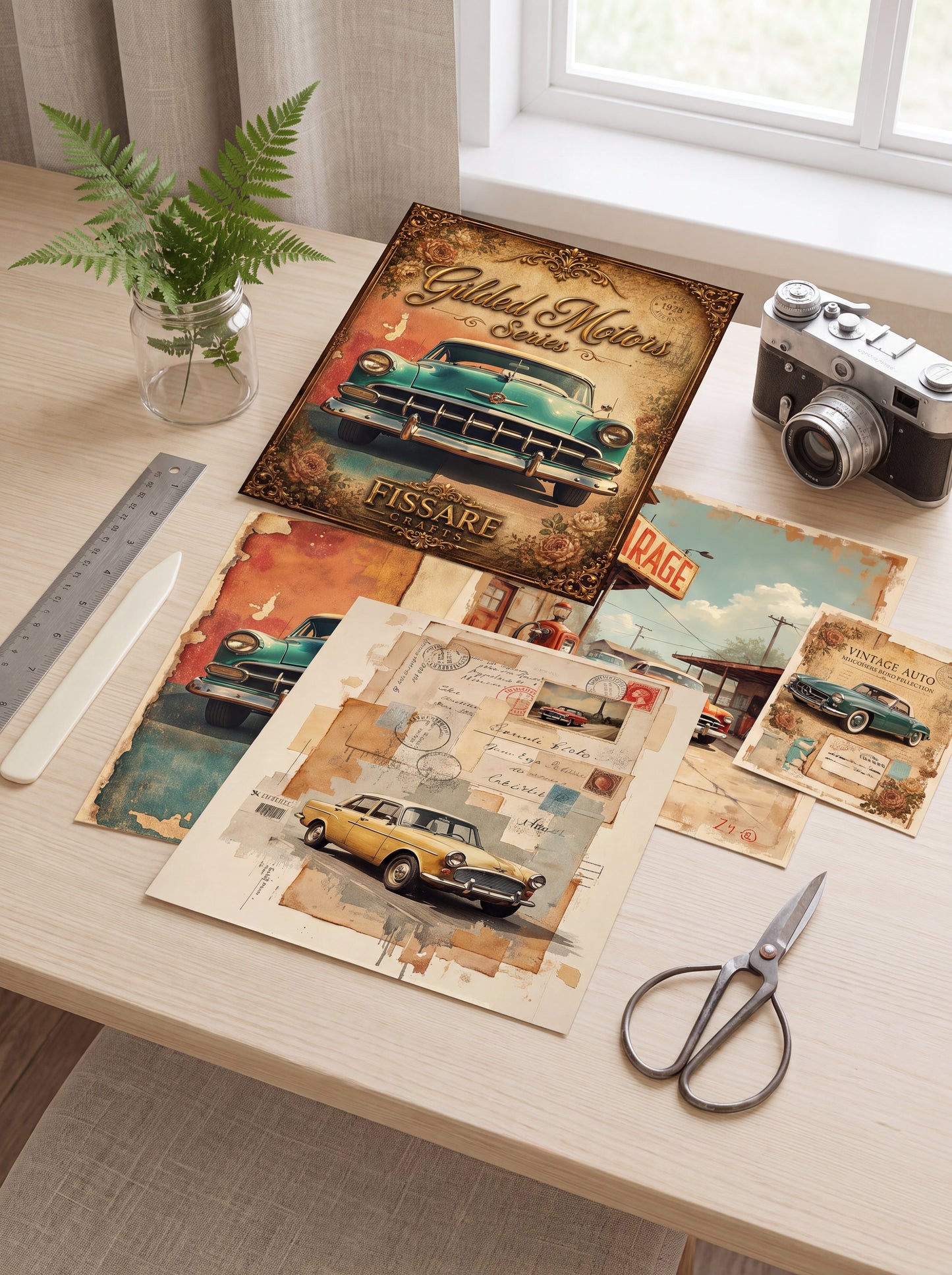 Gilded Motors Vintage Car Scrapbook Paper Set – 20 6x6 Loose Single-Sided Sheets, 175 gsm
