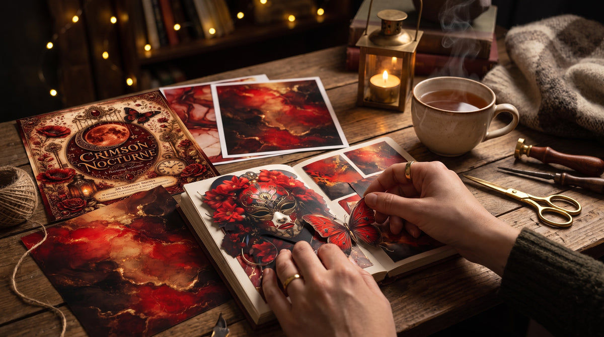 Crimson Nocturne scrapbook and journaling sheets arranged for papercrafting