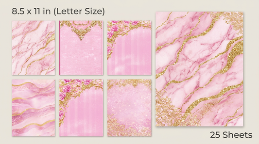 Pink marble paper with gold accents on a beige background, 8.5 x 11 inch size, 25 sheets.