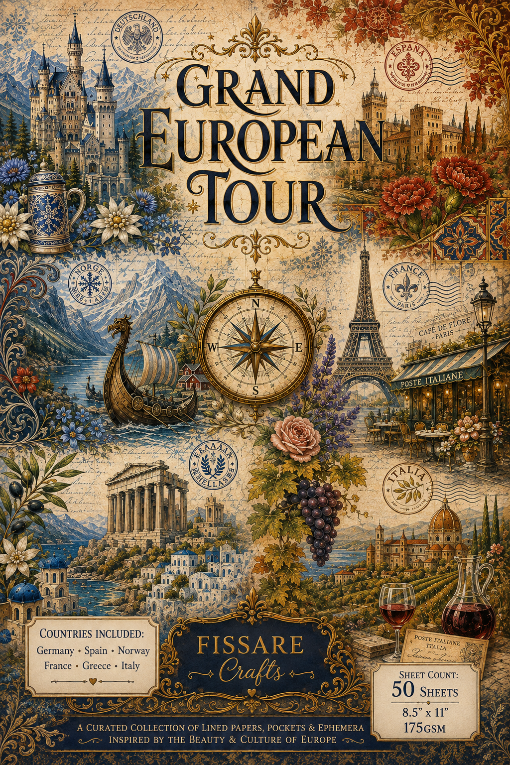 A decorative product cover for a craft paper set titled "Grand European Tour," showing an ornate collage of European landmarks, flowers, maps, compasses, and vintage motifs. Visible text includes "Fissare Crafts" and sheet count details in the lower right.
