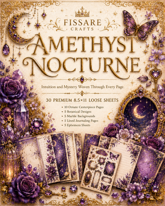 Amethyst Nocturne 30-sheet scrapbook and journaling paper collection cover in violet and gold