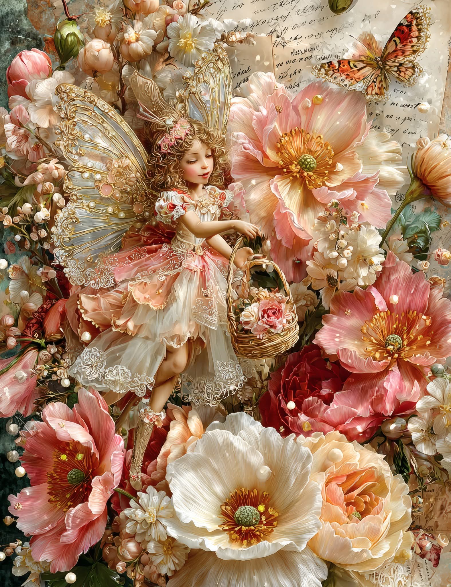 Fairy among flowers and butterflies with a vintage background