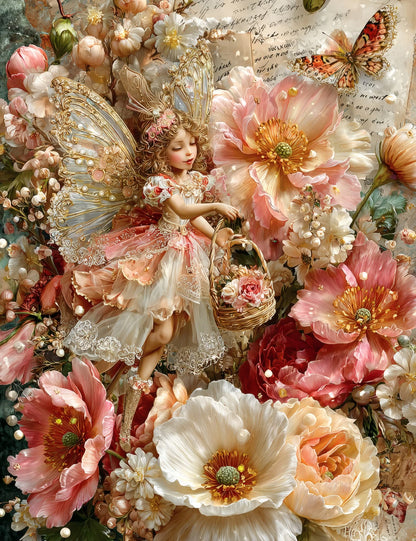 Fairy among flowers and butterflies with a vintage background