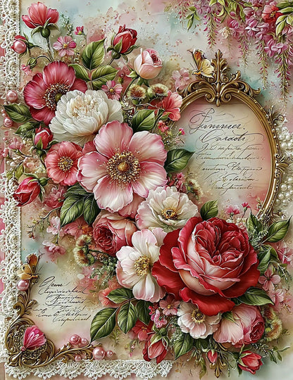 Decorative floral arrangement with a vintage frame and text on a textured background