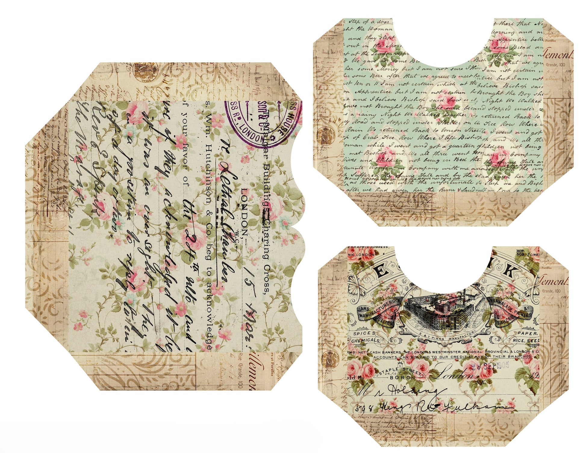 Set of four decorative paper products with vintage design and floral elements on a white background.