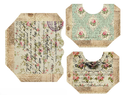 Set of four decorative paper products with vintage design and floral elements on a white background.