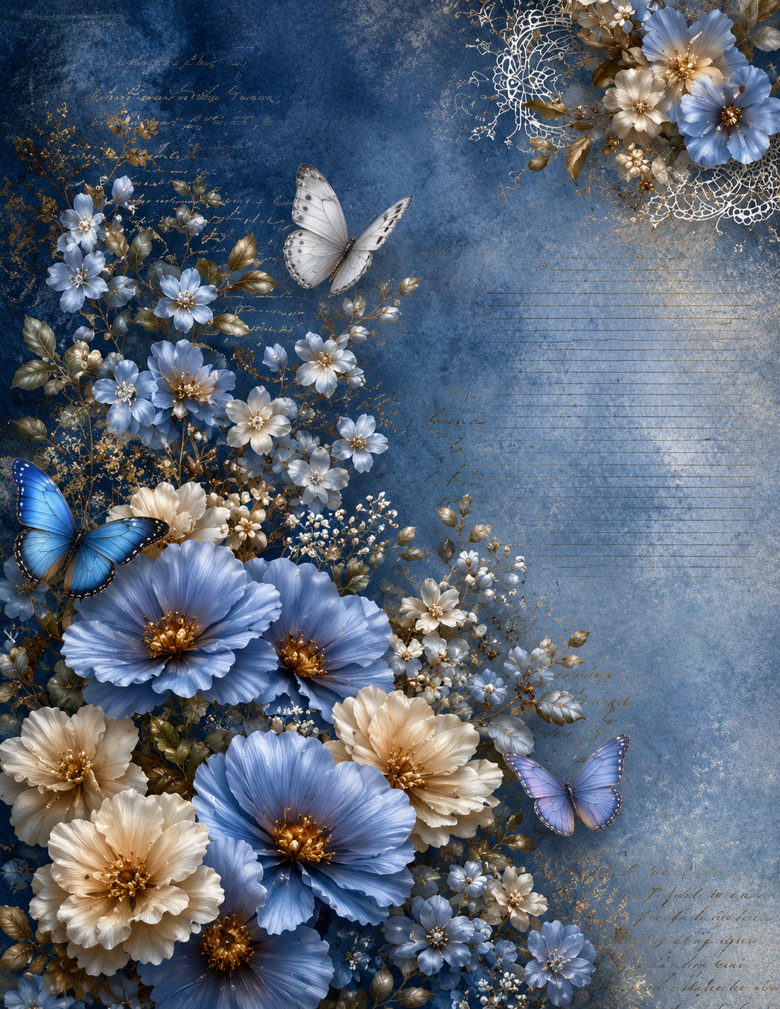 Decorative design with blue and beige flowers and butterflies on a textured blue background.