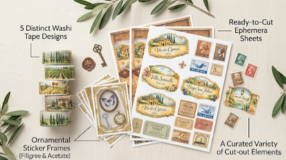 Collection of decorative washi tape, sticker sheets, and cut-out elements on a light background with greenery.
