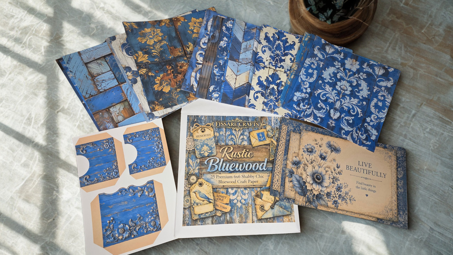 Rustic Bluewood – 25 Premium 6×6 Shabby Chic Bluewood Craft Paper (175gsm)