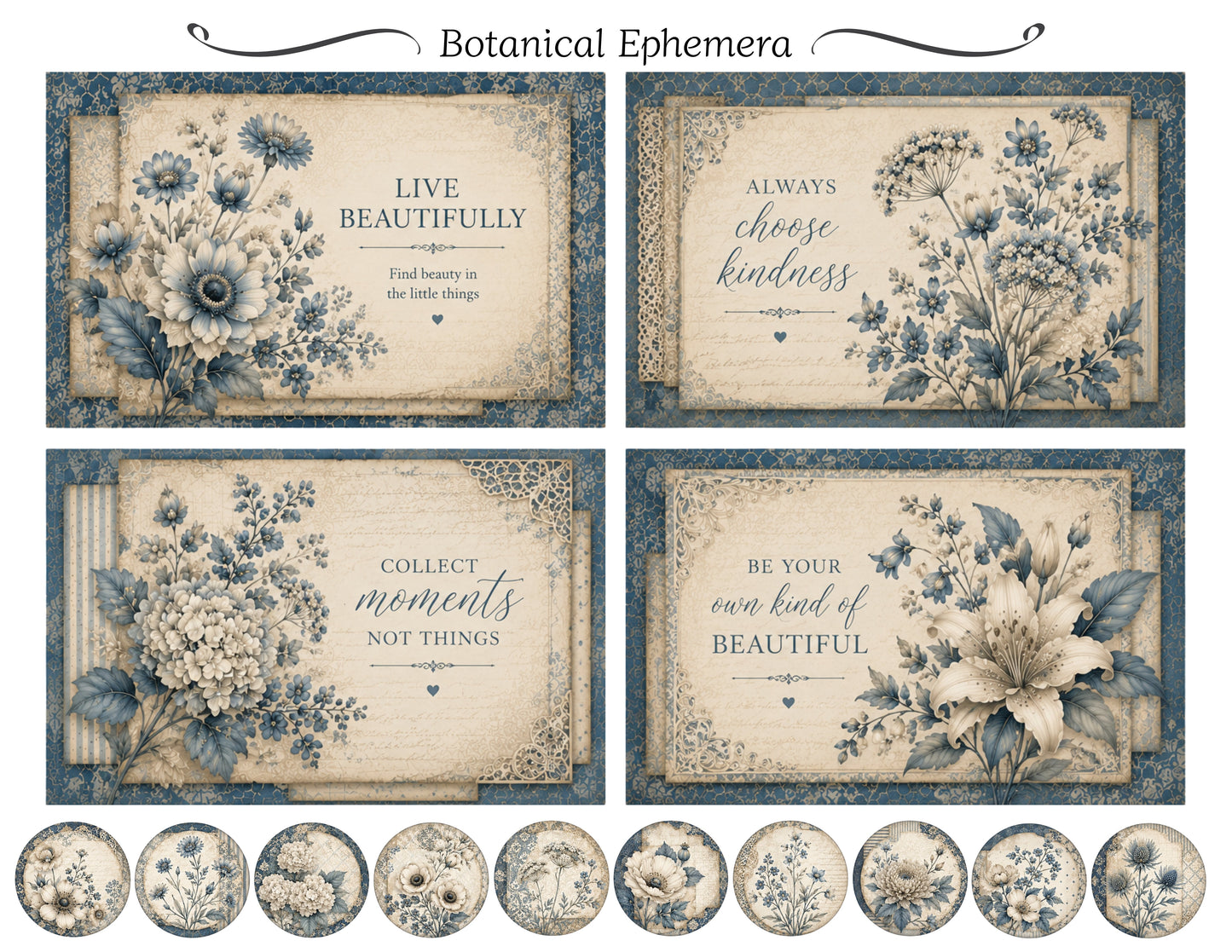 Set of botanical-themed cards with floral designs and inspirational quotes.