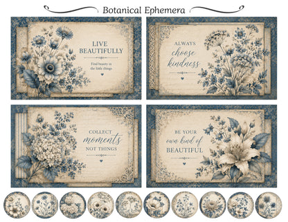 Set of botanical-themed cards with floral designs and inspirational quotes.