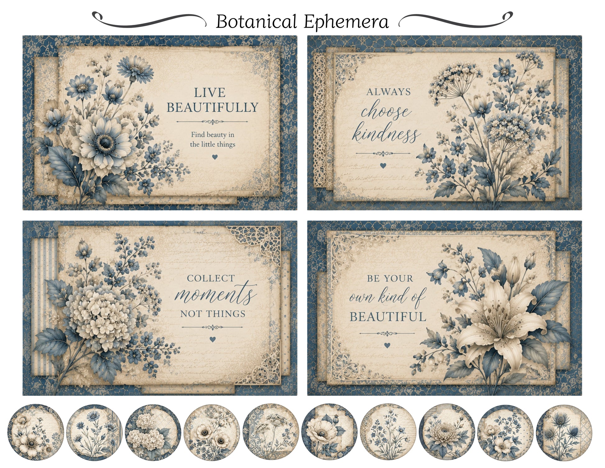 Set of botanical-themed cards with floral designs and inspirational quotes.