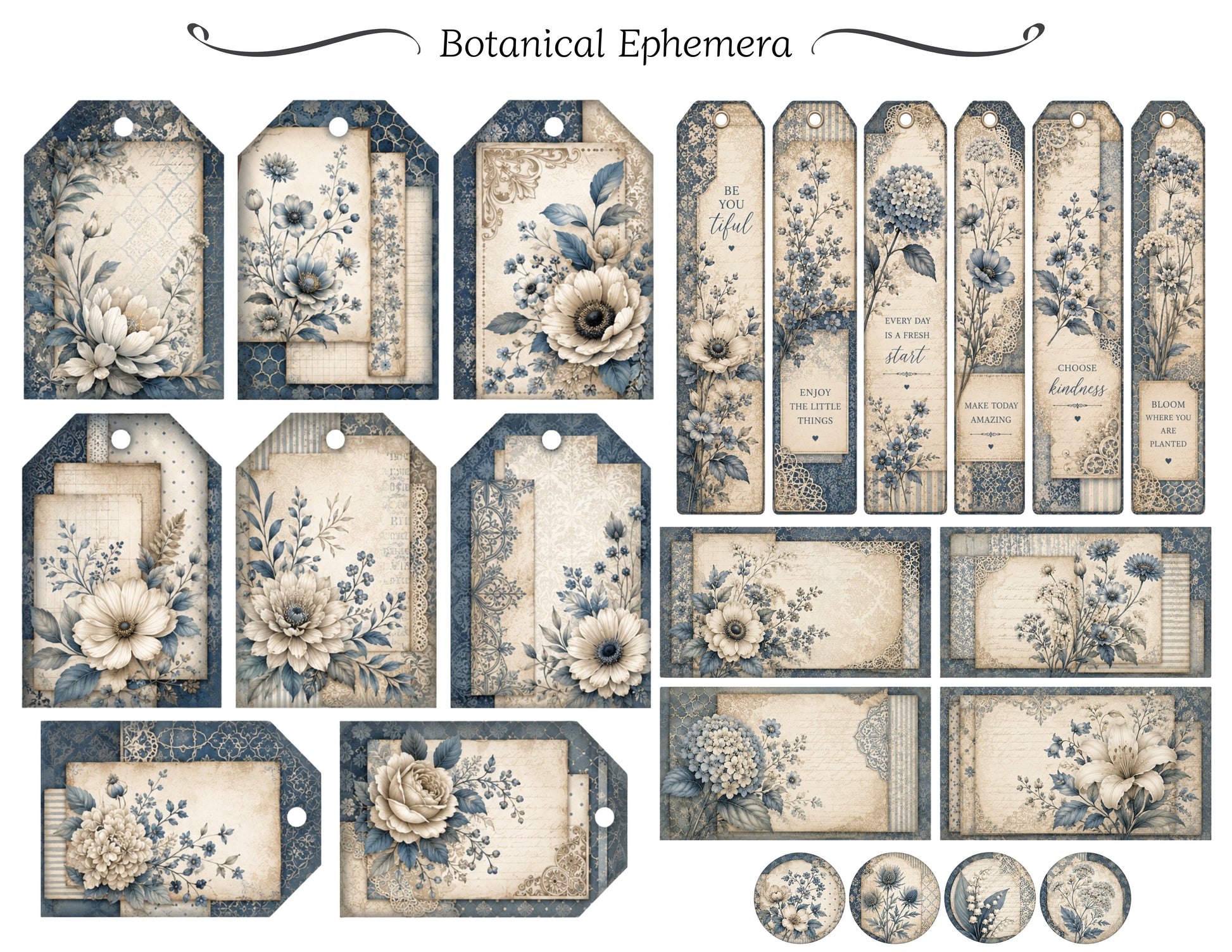 Collection of botanical-themed tags and labels with floral designs and text.