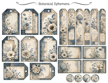 Collection of botanical-themed tags and labels with floral designs and text.