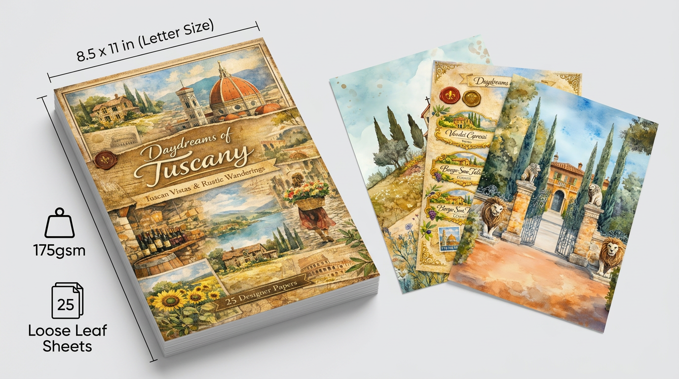 Notebook titled 'Daydreams of Tuscany' with scenic illustrations on a white background