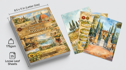 Notebook titled 'Daydreams of Tuscany' with scenic illustrations on a white background