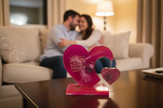 Heart-shaped pink decorative item with text on a stand against a beige wall.