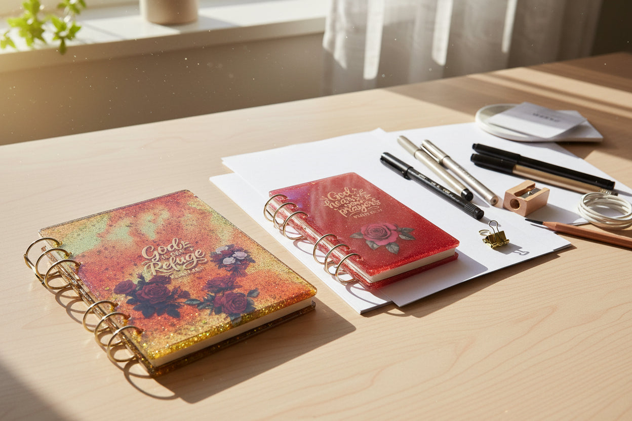 Two small notebooks with floral designs and text on a beige background