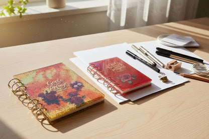 Two small notebooks with floral designs and text on a beige background