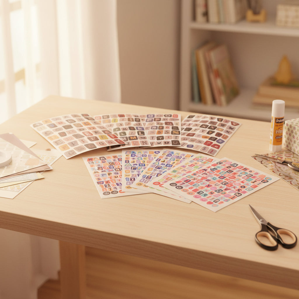 Collection of alphabet and number stickers on a beige background