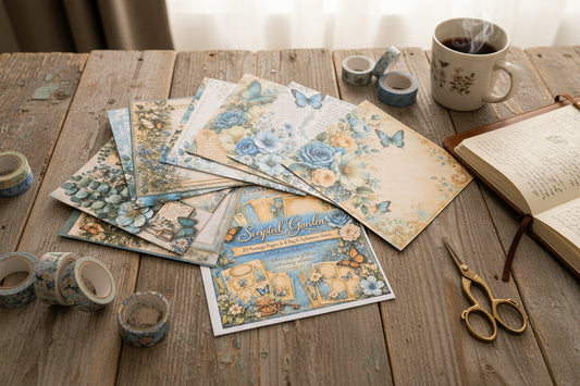 Collection of floral and nature-themed paper sheets on a wooden surface