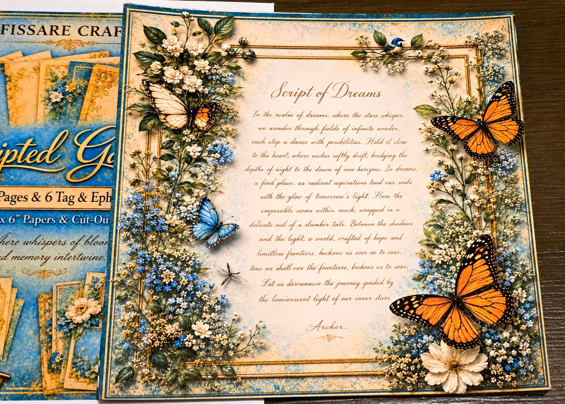 Decorative paper with butterflies and floral designs on a wooden surface