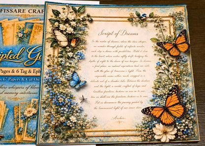 Decorative paper with butterflies and floral designs on a wooden surface
