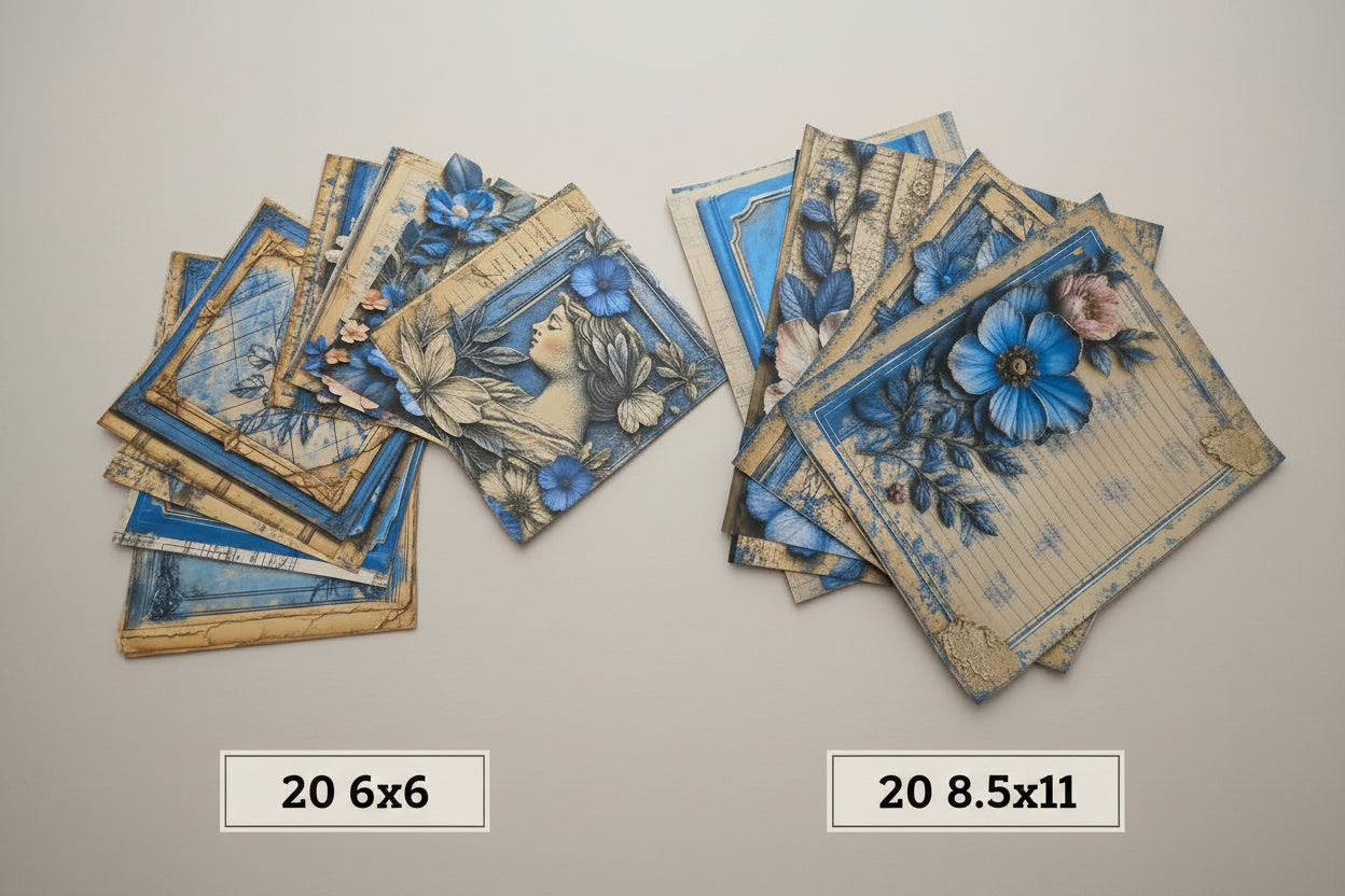 A set of 8.5x11 and 6x6 scrapbook paper sets side by side in an fanned out display.  