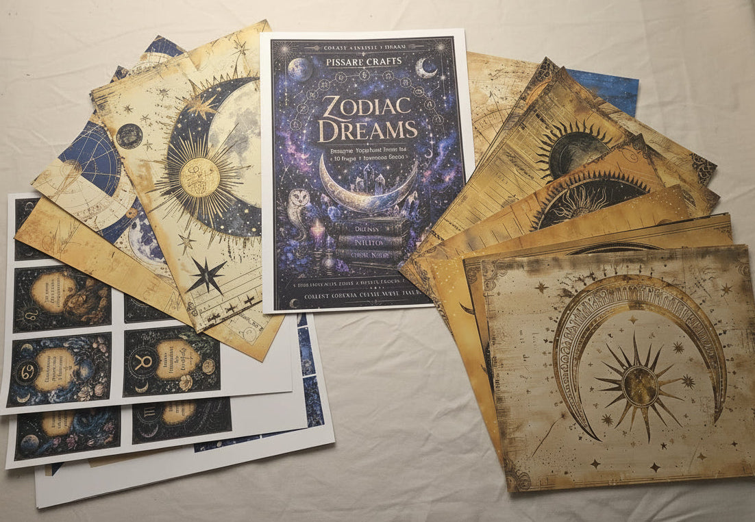 Collection of zodiac Dreams Scrapbook pages on a white surface