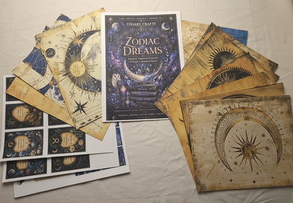 Collection of zodiac Dreams Scrapbook pages on a white surface
