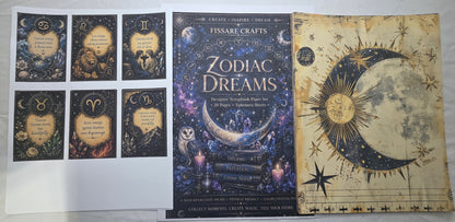 Zodiac-themed products including cards and a book titled 'Zodiac Dreams' by Fissare Crafts.