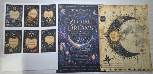 Zodiac-themed products including cards and a book titled 'Zodiac Dreams' by Fissare Crafts.
