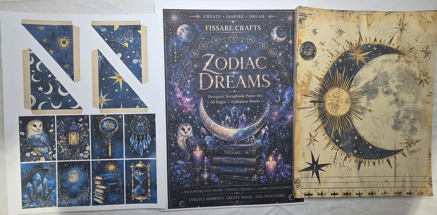 Collection of zodiac-themed products including cards and a book titled 'Zodiac Dreams' by Fissare Crafts.