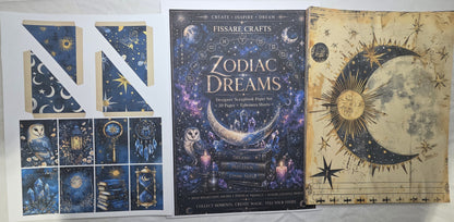 Collection of zodiac-themed products including cards and a book titled 'Zodiac Dreams' by Fissare Crafts.