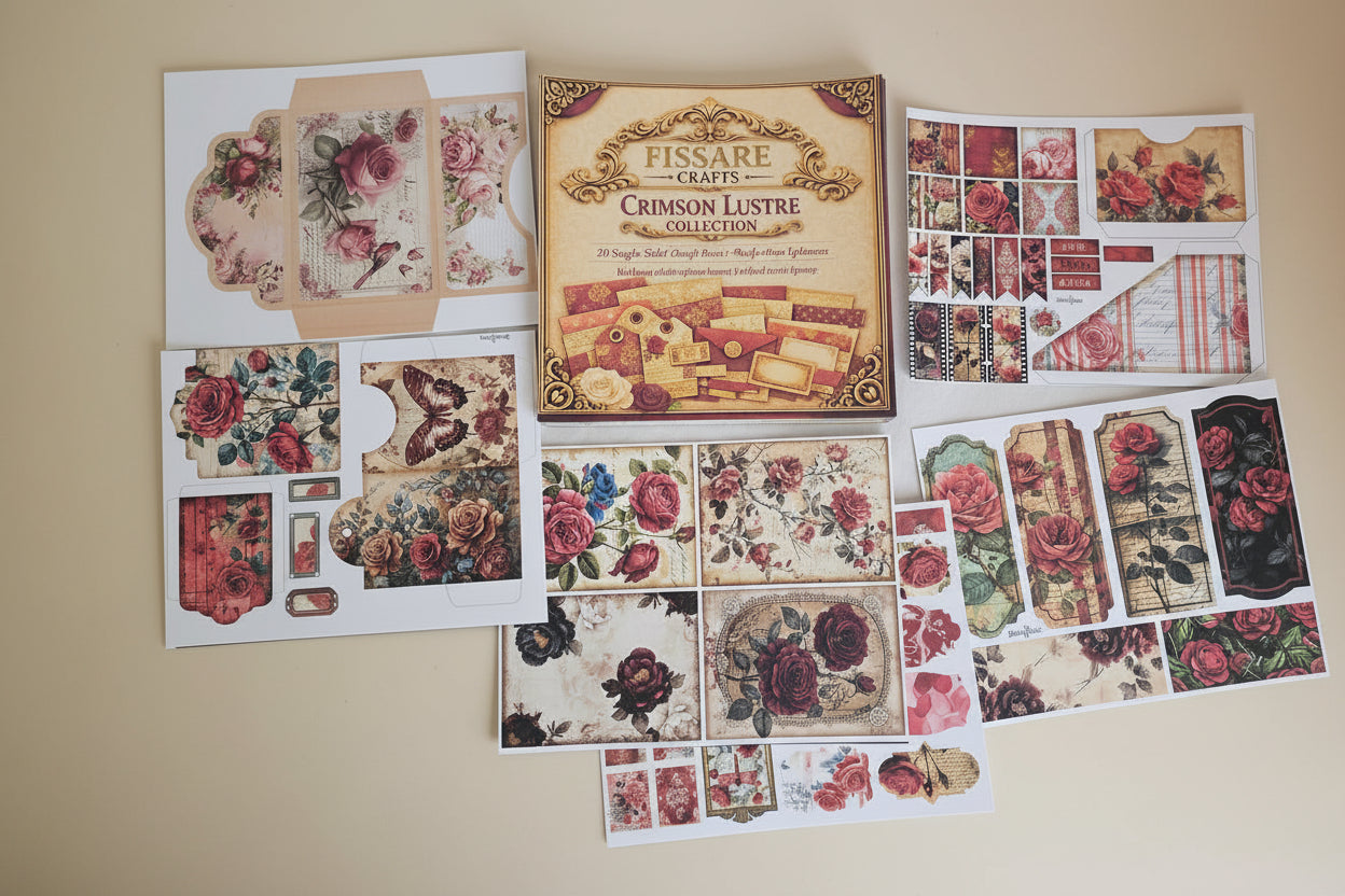 A flat-lay view of a Fissare Crafts 'Crimson Lusltre' collection of vintage scrapbooking papers, envelopes, and embellishments arranged on a white fabric background.